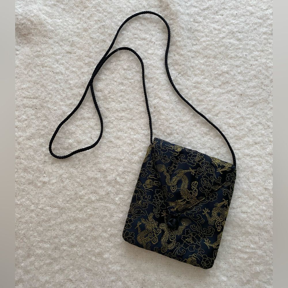 Asian Design Small Satin Crossbody Bag - Gold Embroidery on Black Purse